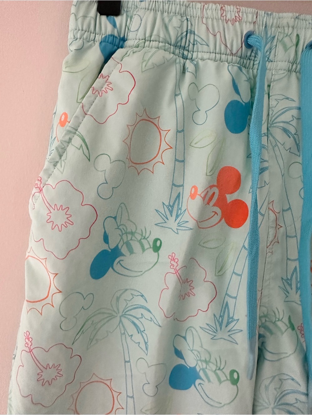 Disney Men’s Light Mint Blue Athletic Shorts with Orange & Blue Mickey Print - Picture 2 of 7
